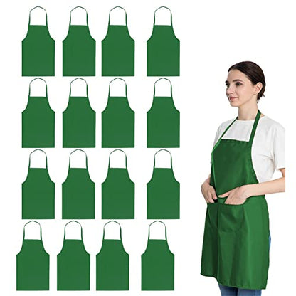16 Pack Green Bib Plain Aprons Bulk for Women Men Adult with 2 Pockets-Chef Cooking Kitchen Painting Baking Restaurant Servers (16 pcs,Green) - color: Green
