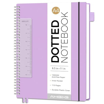 AHGXG Dotted Journal, Grid Spiral Notebook, 110 Pages, A4 (8.5" x 11") | 100 GSM Thick Dot Paper, Waterproof Plastic Cover Journals for Journaling, Sketching (Purple) - color: Purple, style: A4-Dotted