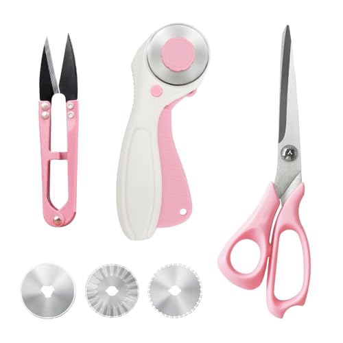 Left-Handed Sewing Tool Kit -8.5in Lefty Fabric Scissors, 4.5in Thread Trimmers, Rotary Cutter with 3 Replacement Blades - Pink Set for Quilters, Crafters, and DIY Projects - color: Pink Left Hand