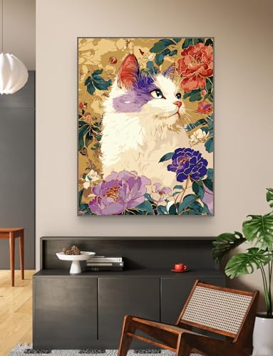 ZRIZQ Cat Paint by Numbers Kit for Adults Beginner,Flowers,16x20 | Full set with wooden brushes,rolled canvas,rich paints.Calming activity.Beginner friendly.Just open and paint. - color: 16"X20"Rolled Canvas(Frameless)-Cat 9