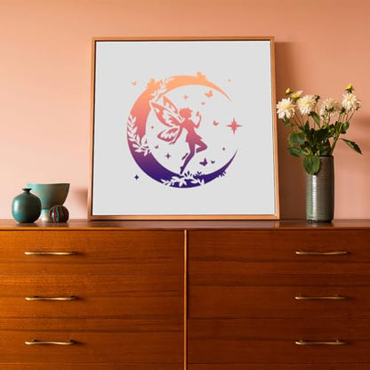 Fairy Moon Stencil for Painting 11.8 x 11.8 Inch Reusable Plastic Fairy Template for Painting on Wall Wood Furniture Fabric Canvas, DIY Craft Stencil | 11.8" x 11.8" Plastic Craft Stencil, Fairy Moon Wall Stencil, DIY Home Decor Template for Wall Wood Fab