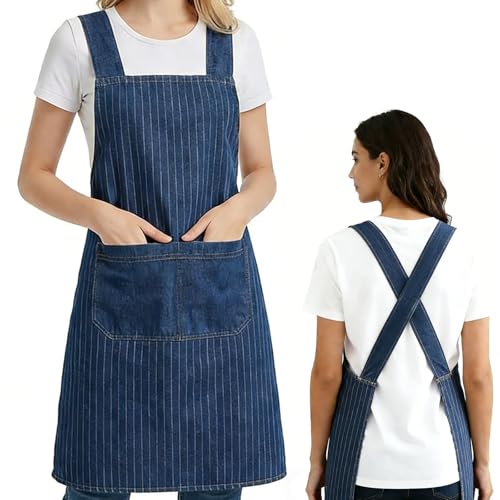 Denim Cross Back Aprons for Women with Front Pockets | Lightweight Cotton Adult Apron, Kitchen Cooking, Gardening, Painting, Pottery & Crafting, Durable & Stain-Resistant - color: Stripe
