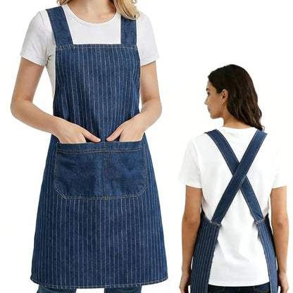 Denim Cross Back Aprons for Women with Front Pockets | Lightweight Cotton Adult Apron, Kitchen Cooking, Gardening, Painting, Pottery & Crafting, Durable & Stain-Resistant - color: Stripe