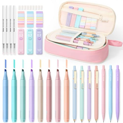 SUNEE Pencil Case with Supplies, 35PCS Aesthetic Stationery Set with Pastel Highlighters, Black Gel Pens, Mechanical Pencils & Refills, Cute School Supplies for Teachers Girls College Pink - color: Pink, style: 35 Pack