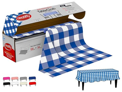 Neatiffy Disposable Plastic Tablecloth Roll | Indoor/Outdoor Table Cover Roll for Rectangle, Square, Round Tables | Picnic, Party, Banquet, Birthdays, Weddings - 54 in x 108 ft - Blue Gingham - color: Blue Gingham