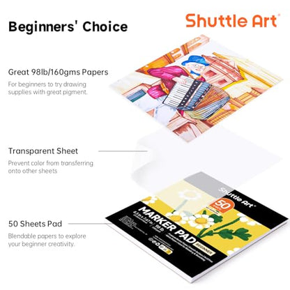 Shuttle Art Marker Pad, 8.3”x7.67” Portable Square Sketchbook, 50 Sheets Marker Drawing Paper, 98LB/160GSM Smooth Surface Bleedproof Art Paper, Glue-Bound, Great for Beginners to Draw, Paint & Sketch - size: 8.3x7.67 inch