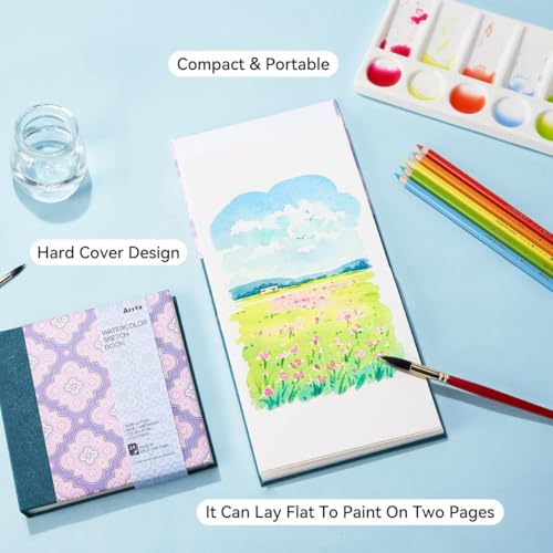 Arrtx Square Watercolor Sketchbook, 5.47" Cold Press | 140LB/300GSM, 100% Cotton, Hardcover, 24 Sheets. Ideal Travel Notebook for Artists, Adults, and Students - size: 5.47x5.47''