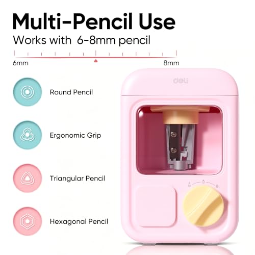 deli Electric Sharpener, Battery Powered, 3 Sizes for 6.5–8mm Pencil | Battery Electric Sharpener, 3 Tip Sizes, Fits 6.5-8mm Pencils. Anti-Slip, Big Bin, DIY Stickers for Kids - color: Pink