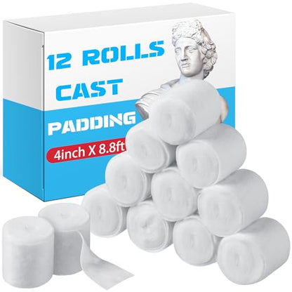 Nuanchu 12 Rolls Medical Cotton Cast Padding Plaster Cloth,4 Inch X 8.8 ft | Individual Wrapped, Undercast Protection Padding, Soft Cloth for Body Casts, Halloween Bandage Art, Mask Craft Supplies - size: 4 Inch X 8.8 ft