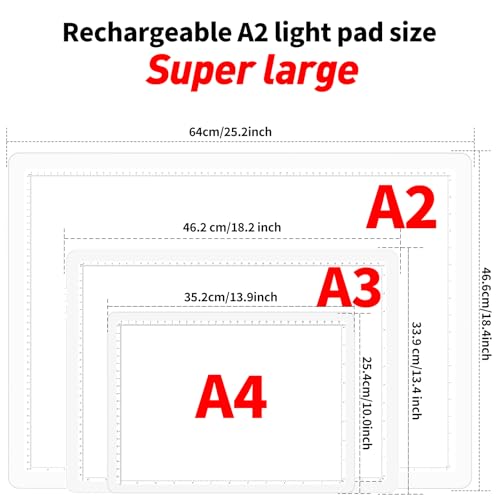 TOHETO Rechargeable Magnetic A2 Light Board 25.2''x18.4'', Large Diamond Painting Light Pad with Side Buttons, 3 Light Colors Light Box for Tracing and Drawing, Dimming LED Light Table for Sketching - color: White, size: A2 without Stand