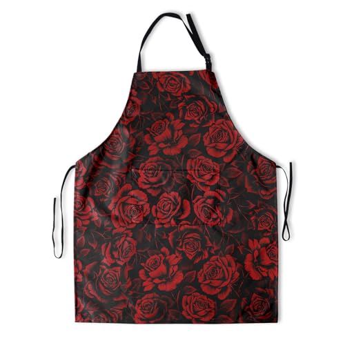 Funny Apron Polyester Grooming Aprons with Pocket for Cooking Kitchen Grilling Adults - color: Red Rose