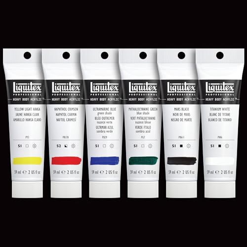 Liquitex Heavy Body Acrylic Paint Set, Classic 6 x 59ml (2-oz) Set | High Viscosity, Pigment Rich, Ideal for Impasto & Texture, Satin Finish, Permanent Color, Crisp Brush Strokes & Knife Marks - size: 12 Fl Oz (Pack of 1), style: Classic Set 6 x 59ml (2-o