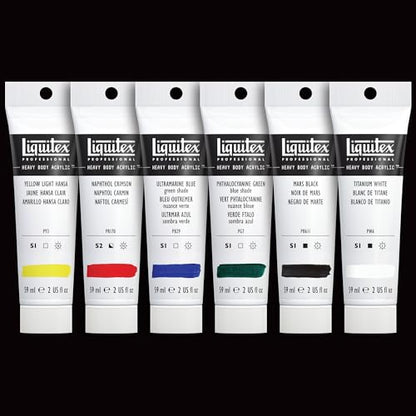 Liquitex Heavy Body Acrylic Paint Set, Classic 6 x 59ml (2-oz) Set | High Viscosity, Pigment Rich, Ideal for Impasto & Texture, Satin Finish, Permanent Color, Crisp Brush Strokes & Knife Marks - size: 12 Fl Oz (Pack of 1), style: Classic Set 6 x 59ml (2-o