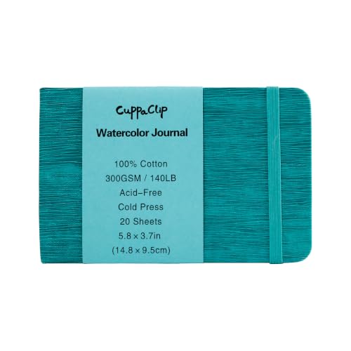 CuppaClip Leather Watercolor Journal, 300gsm/140lb 100% Cotton Cold Press Paper, 20 Sheets Acid-Free Travel Sketchbook–Professional Art Notebook for Painting, Drawing, Travel (Blue, 5.8x3.7in) - color: Blue, size: 5.8x3.7in
