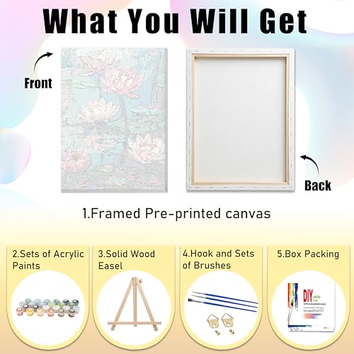Ausanrl Flowers Framed Paint by Numbers Wooden Easel-Adult Paint by Number Kits on Canvas Framed,Lotus Paint by Numbers with Frame,Gifts and Home Wall Decor 12x16inch - color: Lotus