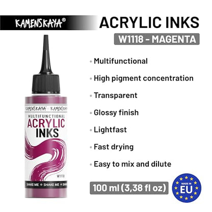 KAMENSKAYA Acrylic Inks for Artists - Magenta Acrylic Ink, 3.38 Fl Oz (100 ml) | Highly Concentrated, Multifunctional Liquid Acrylic Paint - color: Magenta