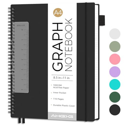 AHGXG Spiral Graph Paper Notebook, 110 Pages, A4 (8.5" x 11") | 100 gsm Thick Grid Paper, Waterproof Plastic Cover, for School Writing Engineering (Black) - color: Black, style: A4-Graph