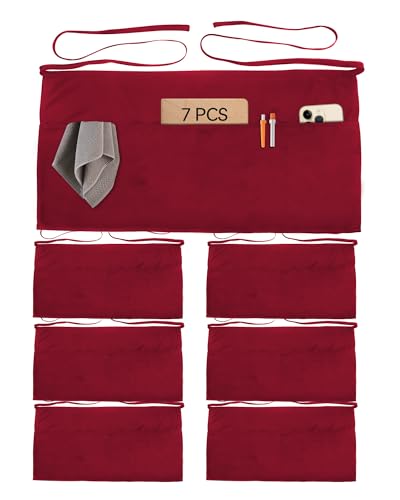 Xeoxarel Aprons with 4 Pockets (Available in 3 Pack / 7 Pack) 23.5'' X 11.5'' - color: 7 Pack Waitress Apron- Wine Red