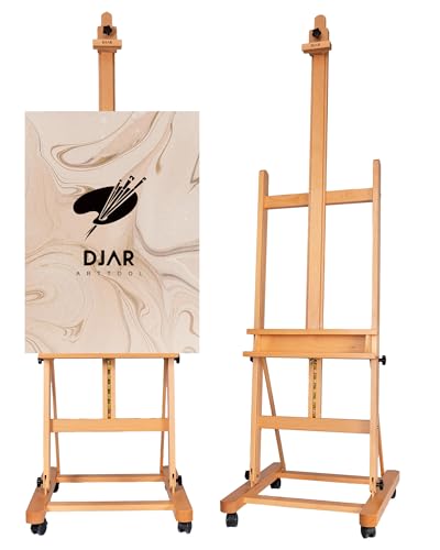 DJAR Large H-Frame Art Easel for Painting, 360° Casters Wheels, Natural | Solid Beech Wood Adjustable Floor Stand with Storage Tray, Hold Canvas up to 93’’, Art Supplies for Artists and Adults - style: With Wheels