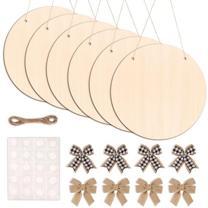 DIYDEC 6 Pack Wood Circles for Crafts 14 Inch Unfinished Wood Slices Blank Wooden Door Hanger Sign Round Wood Discs with Bows Twine Glue Point for DIY Crafts Painting Christmas Home Holiday Decor | Round Wood Discs with Bows Twine Glue Point for DIY Craft