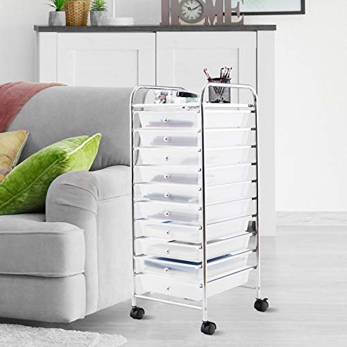 Happygrill 10-Drawer Storage Cart, Utility Cart with Removable Drawers & Metal Frame, Rolling Storage Cart with Lockable Wheels for Home, Office, Clear - color: Clear