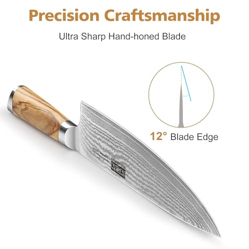 HOSHANHO Damascus Knife Block Set 7PCS, Sharp Kitchen Knives with Sharpener | Professional Chef Knife Set | Japanese Super Steel | 15° Edge | 62 HRC | Ergonomic Olive Wood Handle | Ideal Cooking Gift - style: 7 Pieces Knife Set