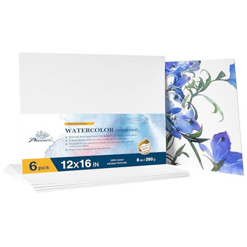 PHOENIX Watercolor Canvas Boards for Painting - 12x16 Inch/6 Pack, 100% Cotton Water Color Canvas Panels, 8 Oz. / 260g White Blank Medium Texture Flat Canvases for Water Based Paints - size: 12"x16", style: Canvas Panel