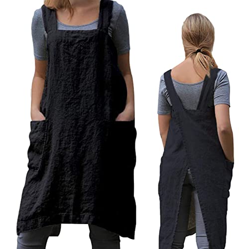 ZQFFB Pinafore Cross Back Apron for Women with Pockets | Japanese Style Kitchen Apron with Convenient Front Pockets, Smock for Cooking, Gardening, Pottery and Painting - color: Black, size: XX-Large