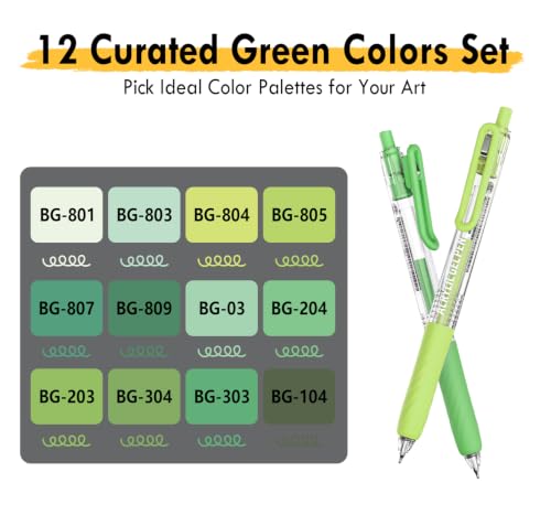 Acrylic Gel Pens for Coloring, 12 Green Colors Set | 0.7mm Tip , Retractable Colored Pens, Perfect for Coloring, Writing, Drawing, Journaling, Note Taking, Black & White Paper - color: Green