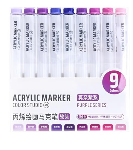 Purple Acrylic Paint Pen Markers, 9 Colors Soft Brush Tip Paint Pens for Wood Glass Eggs Rock Painting Canvas Stone Fabric DIY Crafts Making Art Supplies (Purple) - color: Purple