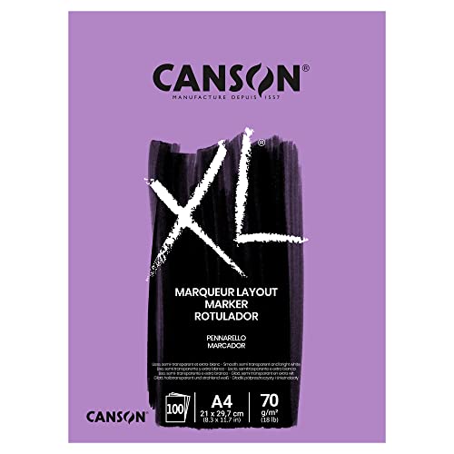 CANSON XL Marker 70gsm A4 Paper Very Smooth 100 Extra White Sheets | Pad Glued Short Side, For Professional Artists, Students & Illustrators