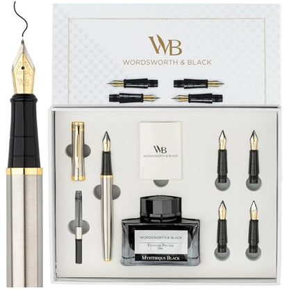 Wordsworth & Black Luxury Fountain Pen Set for Writing, 6 Nibs, Silver Gold - color: Silver Gold