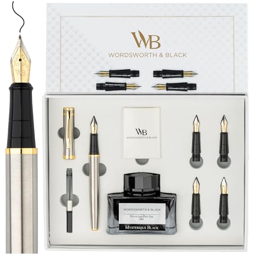 Wordsworth & Black Luxury Fountain Pen Set for Writing, 6 Nibs, Silver Gold | Fountain Ink Bottle, Cartridges & Refill Converter, Refillable, Silver, High End Gift for Men & Women, Journaling & Lettering - color: Silver Gold