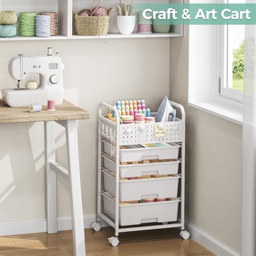 SYKIARIOL 4 Drawer Rolling Storage Cart with Pegboard Top and Hooks, White - color: White, size: 4-Drawers