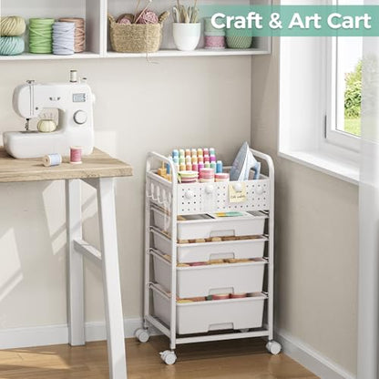 SYKIARIOL 4 Drawer Rolling Storage Cart with Pegboard Top and Hooks, White - color: White, size: 4-Drawers