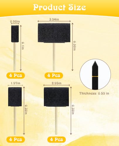 16 PCS 4 Sizes Foam Paint Brushes, Sponge Paint Brush for Painting with Wood Handle for Varnishes Staining DIY Crafting