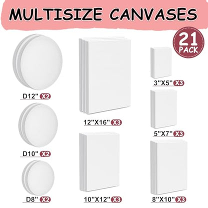 21 Packs Stretched Canvases for Painting, MultiSize 12x16, 10x12, 8x10, 5x7, 3x5, Round Canvas with 8x8,10x10,12x12, Primed Blank Canvas for Oil, Acrylic Paint,for Beginner, Artist. - size: 21Pack-MultiSize Canvas