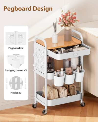 ALVOROG 3 Tier Metal Rolling Cart with Drawer,Wood Top,Pegboards,White | Storage Utility Cart with Drawers,Pegboards,Lockable Wheels,Baskets,Hooks for Kitchen,Office,Bedroom,DIY Supplies - color: White