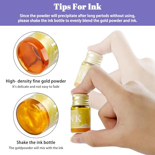 Glass Dip Pen Set, 16pcs Calligraphy Fountain Pens Set, 2 Crystal Glass Pen, 12 Gold Powder Drawing Drip Tool for Writing Signatures Art Christmas Gift, Calligraphy Kit for Beginners