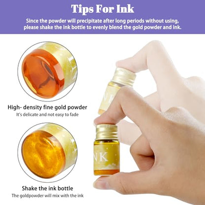 Glass Dip Pen Set, 16pcs Calligraphy Fountain Pens Set, 2 Crystal Glass Pen, 12 Gold Powder Drawing Drip Tool for Writing Signatures Art Christmas Gift, Calligraphy Kit for Beginners