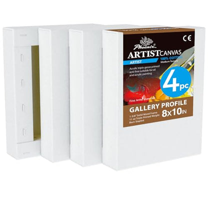 PHOENIX 8x10 Inch 4 Pack Gallery Canvas - 1.5 in Thick Small Canvases for Painting - Deep Edge 100% Cotton 11 Oz. Gesso Primed White Blank Professional Canvas Oil & Acrylic Paints - size: 8"x10", style: Gallery