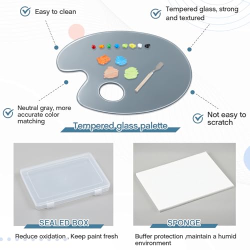 Nuanchu 2 Pcs Handy Neutral Grey Tempered Glass Palette for Oil Painting 6.3 x 10 Inch Airtight Stay Wet Palette Container Oval Keeps Paint Fresh Scratch for Acrylic Painting DIY Mixing Beginners