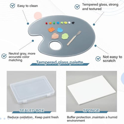 Nuanchu 2 Pcs Handy Neutral Grey Tempered Glass Palette for Oil Painting 6.3 x 10 Inch Airtight Stay Wet Palette Container Oval Keeps Paint Fresh Scratch for Acrylic Painting DIY Mixing Beginners