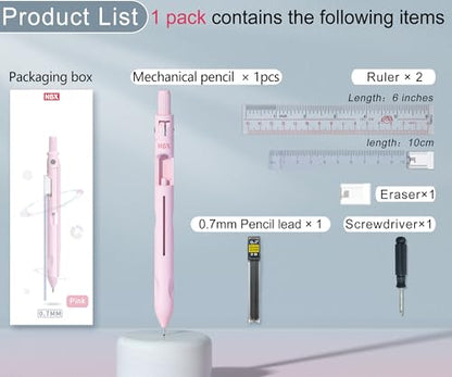 Cute Mechanical Pencil, Metal Grip, Refillable for School Supplies Kid Student Writing, Drafting Drawing Sketching, Mechanical Pencils Set with Lead Refills & Compass & Ruler & Eraser (Pink,1-PACK) - color: 1 Pack(Pink)