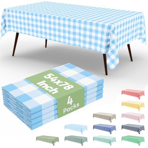 misaya 4 Packs 54 x 78 Inch Buffalo Disposable Table Cloth, Waterproof Plastic Tablecloth, Rectangle Baby Blue and White Checkered Table Covers for Picnic, Birthday, Party, Back to School - color: Baby Blue and White, size: 54" X 78"