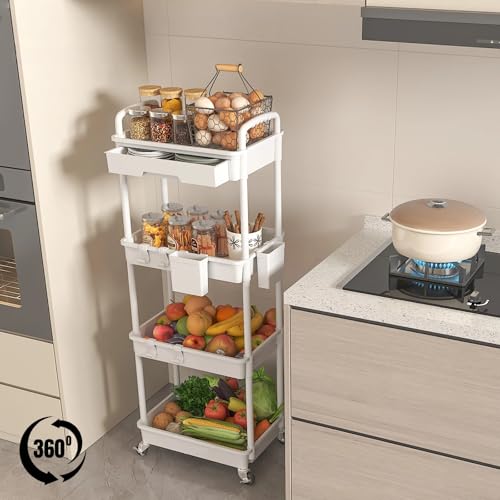 4 Tier Rolling Utility Cart with Drawer, Plastic Storage Organizer Rolling Carts with Wheels Handles Hanging Cups Hooks for Office, Bathroom, Kitchen,Craft Art Room (White) - color: White, size: 4-Tier