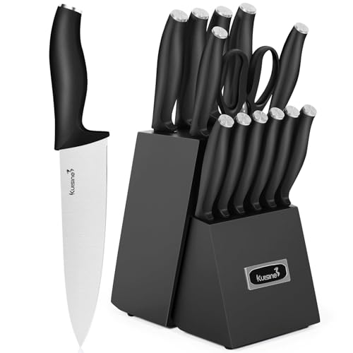 Kuisine Knife Set 15 pieces High Carbon Stainless Steel Professional Kitchen Knife block set with Sharpener Black