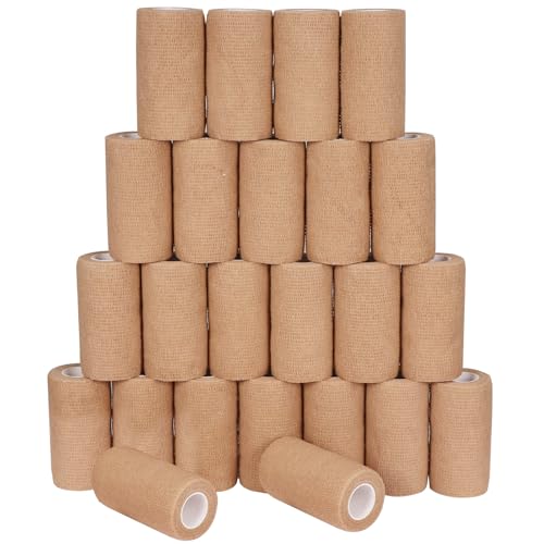 24 Pack Self Adhesive Bandage Wrap, 4” x 5 Yards Cohesive Medical Tape Elastic Wrap for Sports, Ankle, Wrist Sprains, Pet First Aid - color: Brown, size: 4 Inch