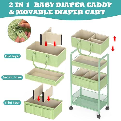 LIDTOP 2in1 Baby Diaper Caddy Organizer Cart, 3-Tier Rolling Cart, Metal Diaper Caddy Carts, Bedside Carts for Nursery Essentials Storage, Detachable Dividers, Large Capacity, Green - color: Green