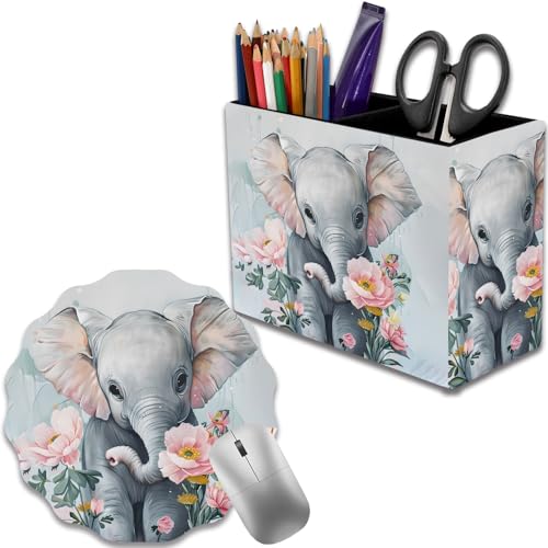 Pen Holder for Desk, PU Leather Multifunctional Desktop Storage Box and Anti-Slip Mouse Pad Set, Makeup Brush Holder Pen Organizer for Office and Home - Little Elephant Flower - color: Little Elephant Flower